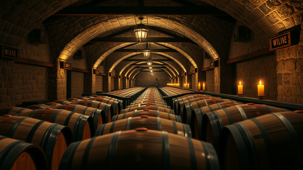 Historic wine barrels aging in Joullian's dimly-lit cellar