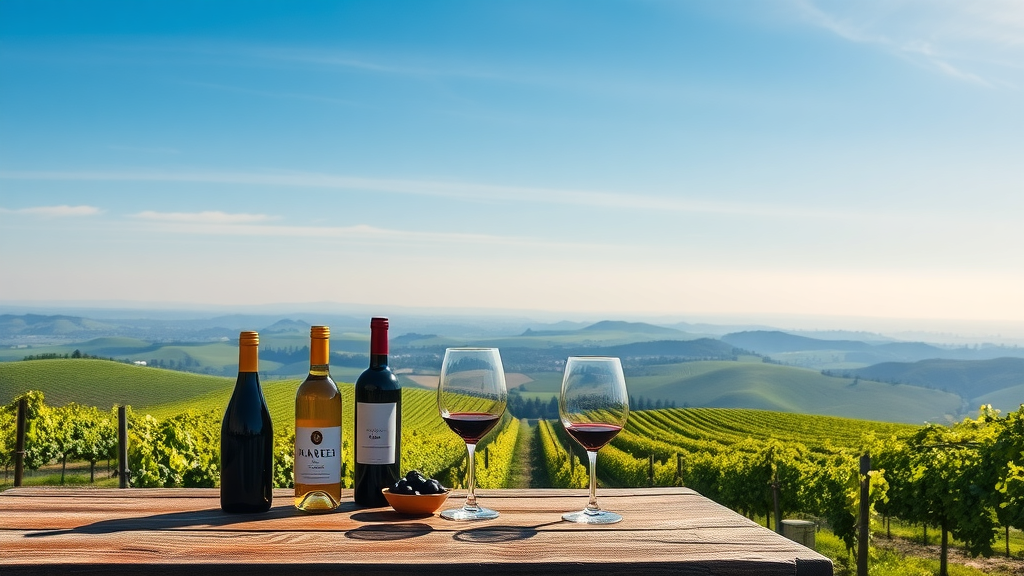 Rustic table with wine against a backdrop of Carmel Valley vineyards.