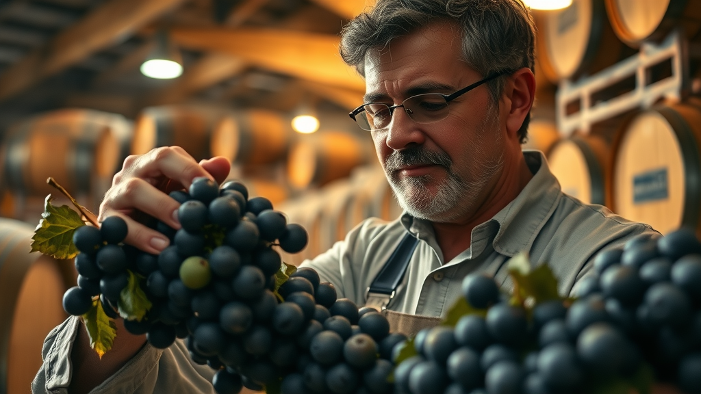 Passionate winemaker evaluating Estate grown Cabernet grapes.