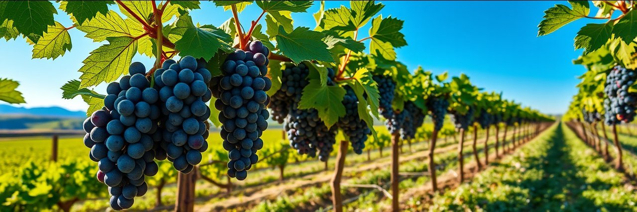 Estate grown Cabernet vineyard with ripe grapes under a clear blue sky.