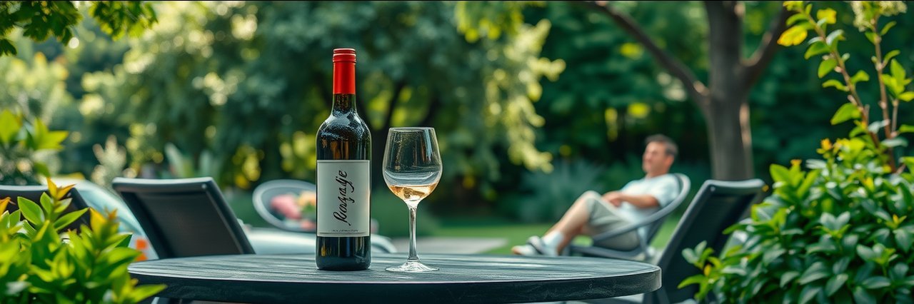 The Wine of Seabold outdoor wine scene with lush greenery.