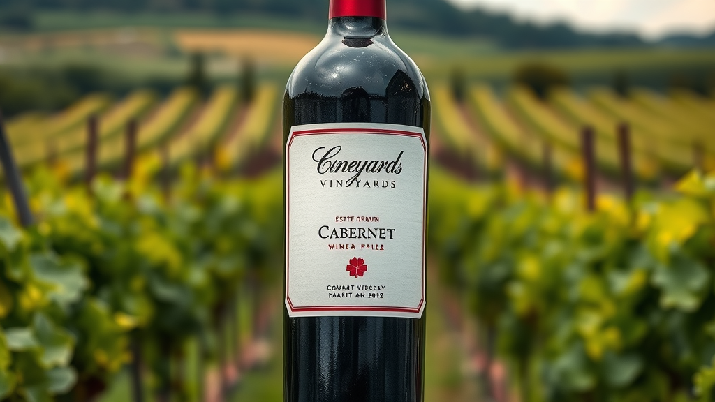 Showcase of Estate grown Cabernet bottle against lush vineyard.