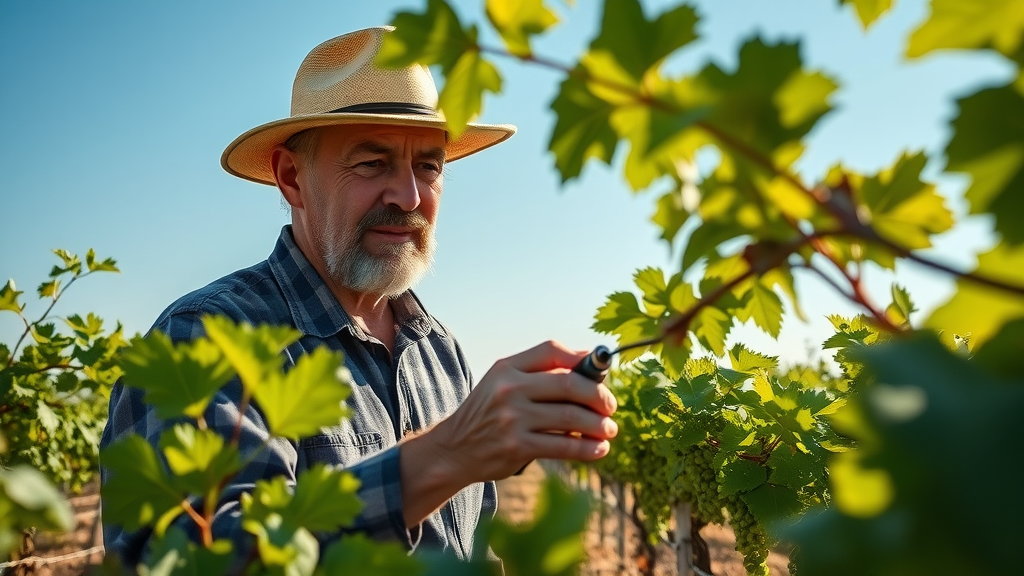 Winemaker inspecting vines in an organic vineyard