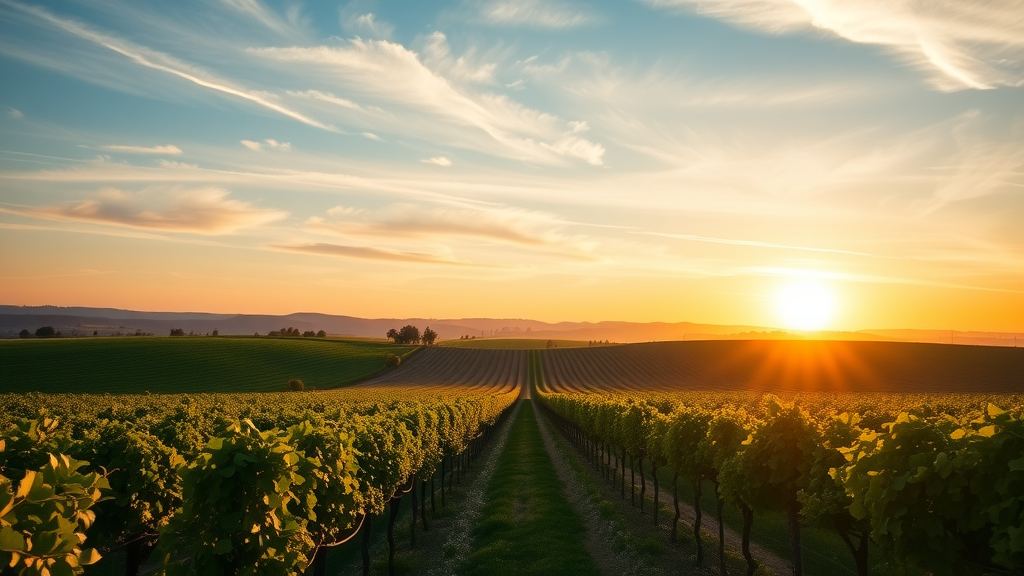 Expansive vineyard at sunset showcasing minimal intervention winemaking