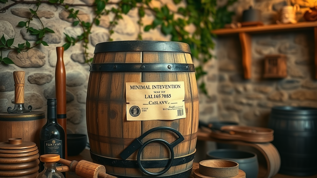 Rustic winery setting with barrel labeled minimal intervention