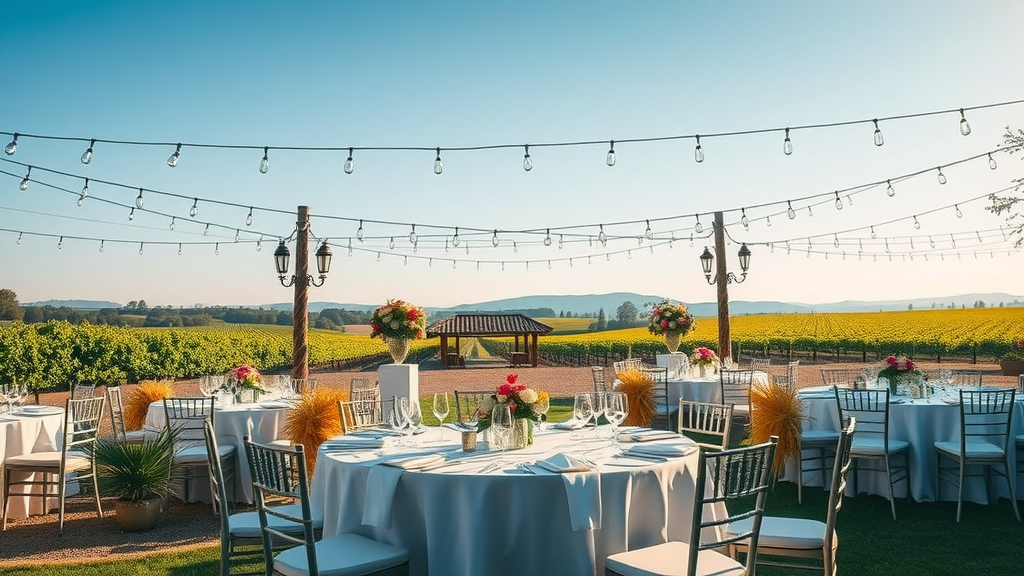Idyllic wedding setup at Joullian Vineyards with vineyard views