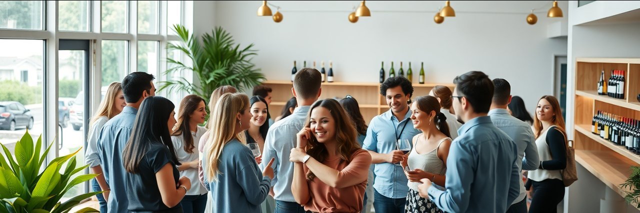 Social event in a vineyard with guests mingling indoors.