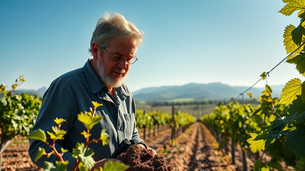 Salvatore Rombi inspecting Carmel Valley vineyard soil