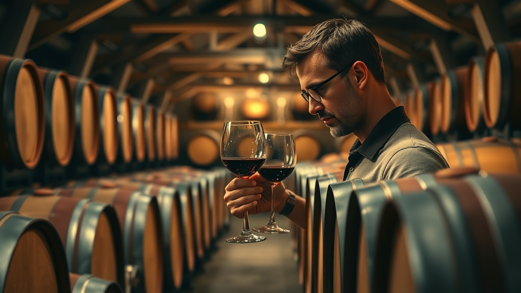 Winemaker examines wine quality in rustic Seabold cellar.