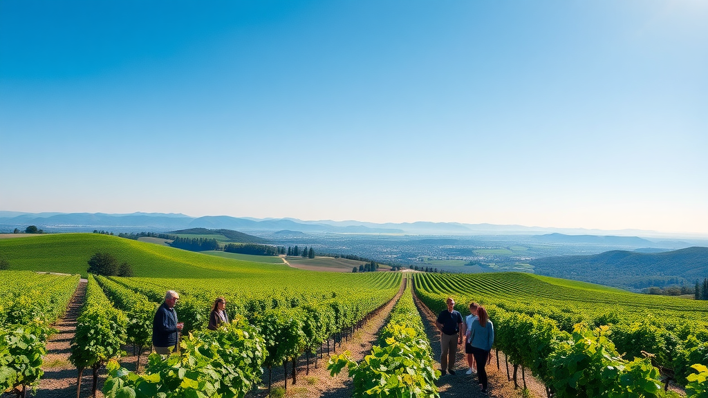 Sprawling vineyard event under a clear sky with guests.