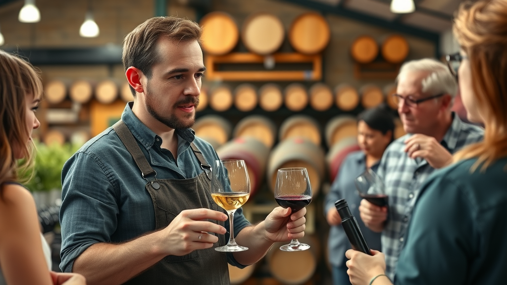 Vintner shares wine making secrets with guests at boutique winery.