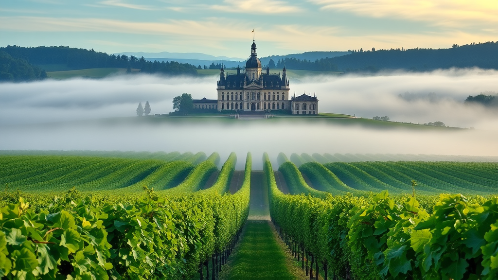 Mist-covered Bordeaux vineyards with distant chateau at dawn
