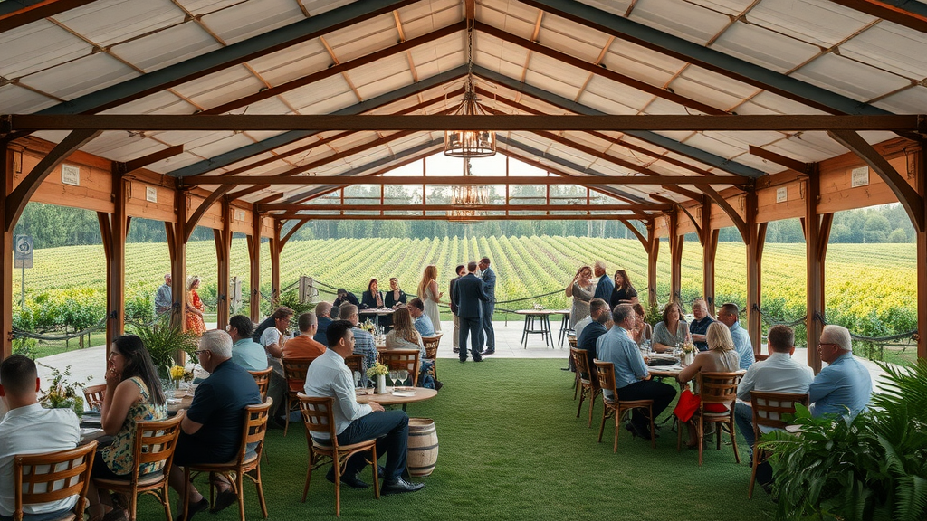 Charming vineyard event space with guests enjoying wine.