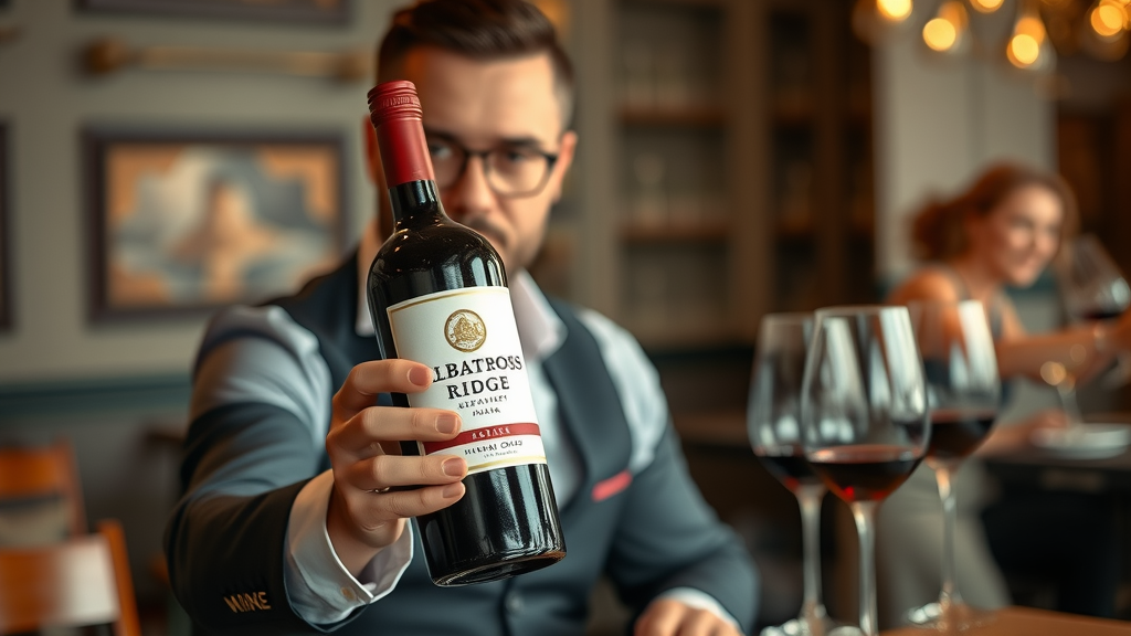 Sommelier elegantly presenting Albatross Ridge wine for tasting experience.