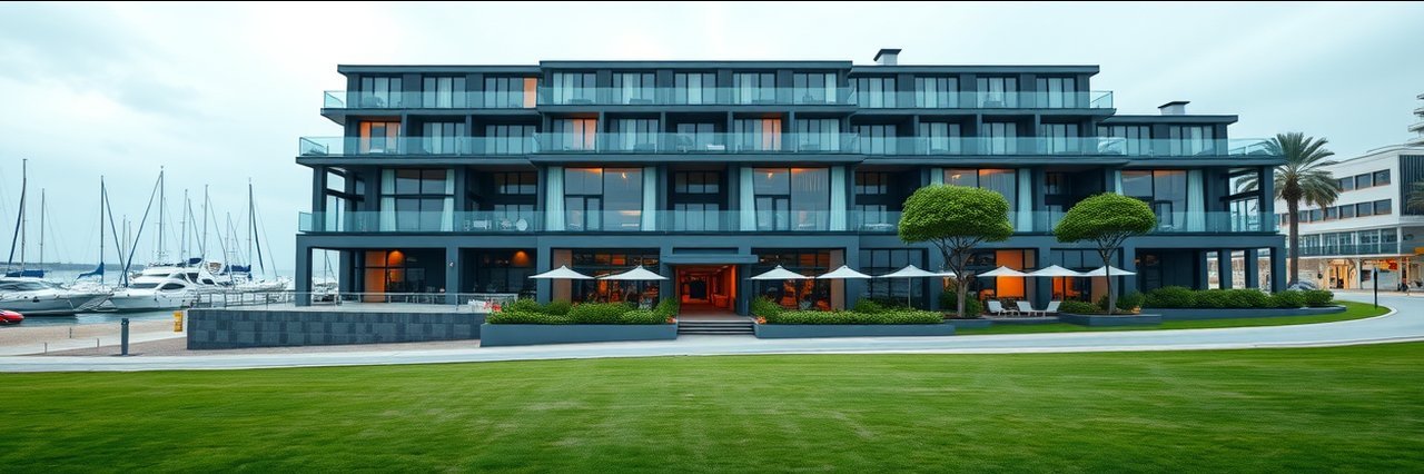 Coastal hotel guest amenities view with marina and greenery in soft daylight.