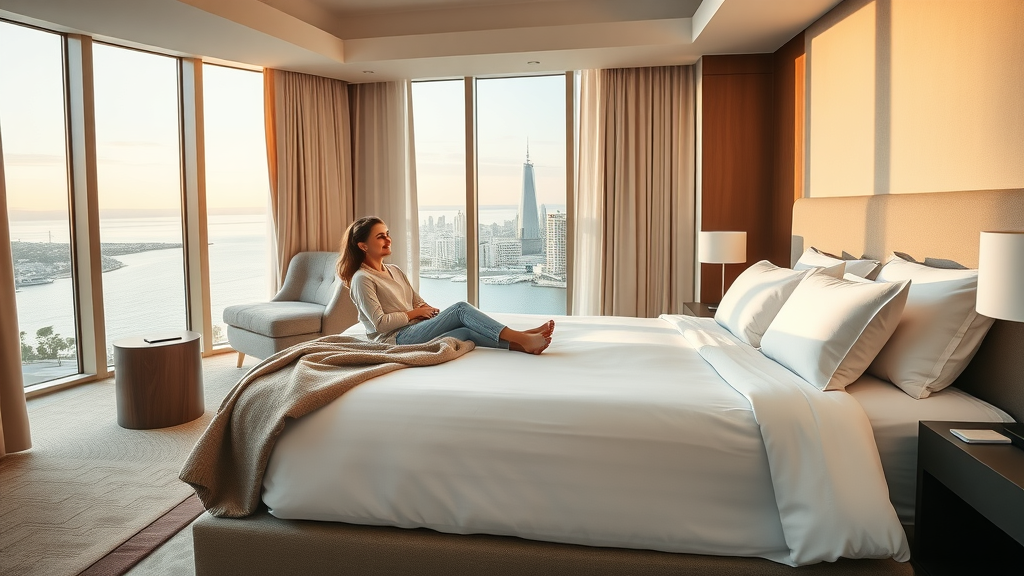 Modern hotel guest suite with relaxing couple and plush amenities