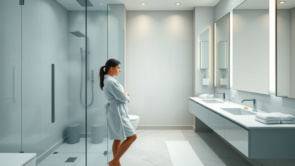 Spa-like hotel guest amenities in modern bathroom with plush robe