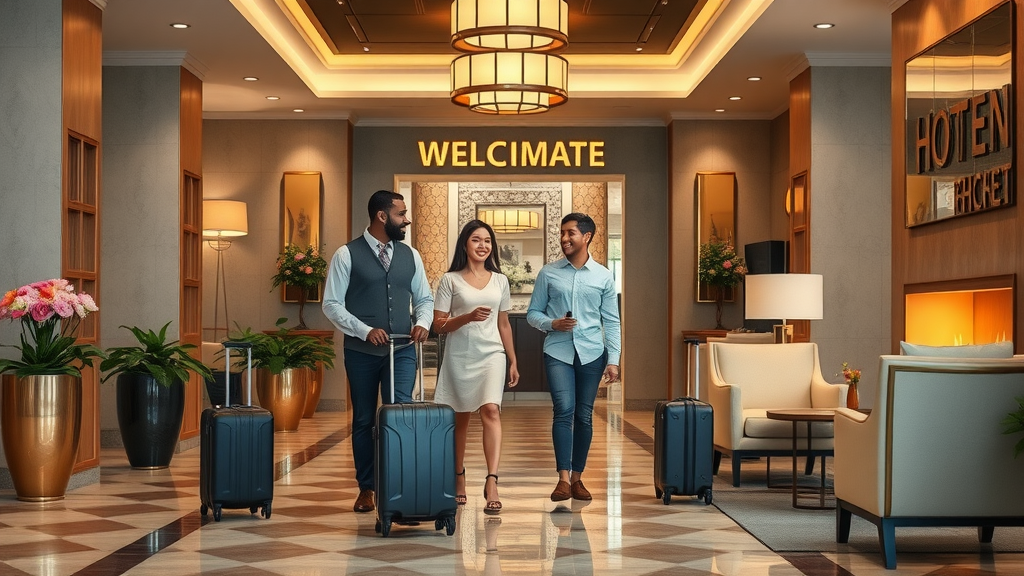 Friendly hotel staff welcoming guests, showcasing guest amenities in lobby