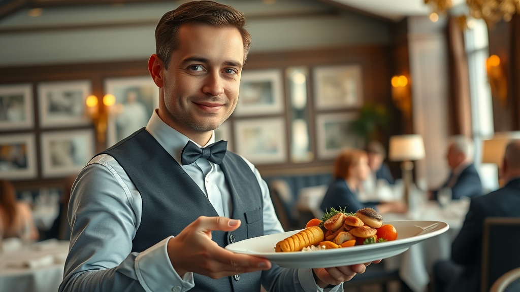Friendly waiter serving gourmet meal in elegant restaurant, showcasing exceptional service.
