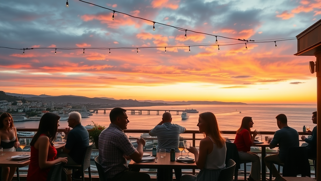 Diners enjoying sunset view at Monterey restaurant