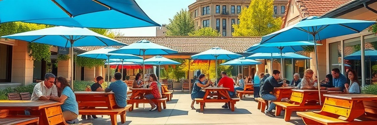 Monterey restaurant outdoor patio with diners and blue umbrellas.