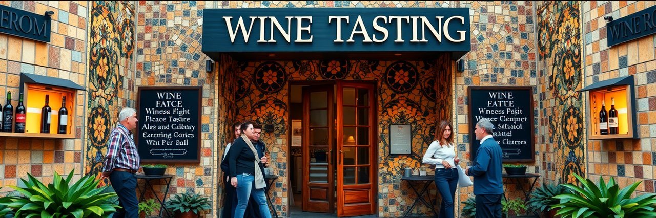 Charming mosaic entrance at The Wines of Georis tasting room.