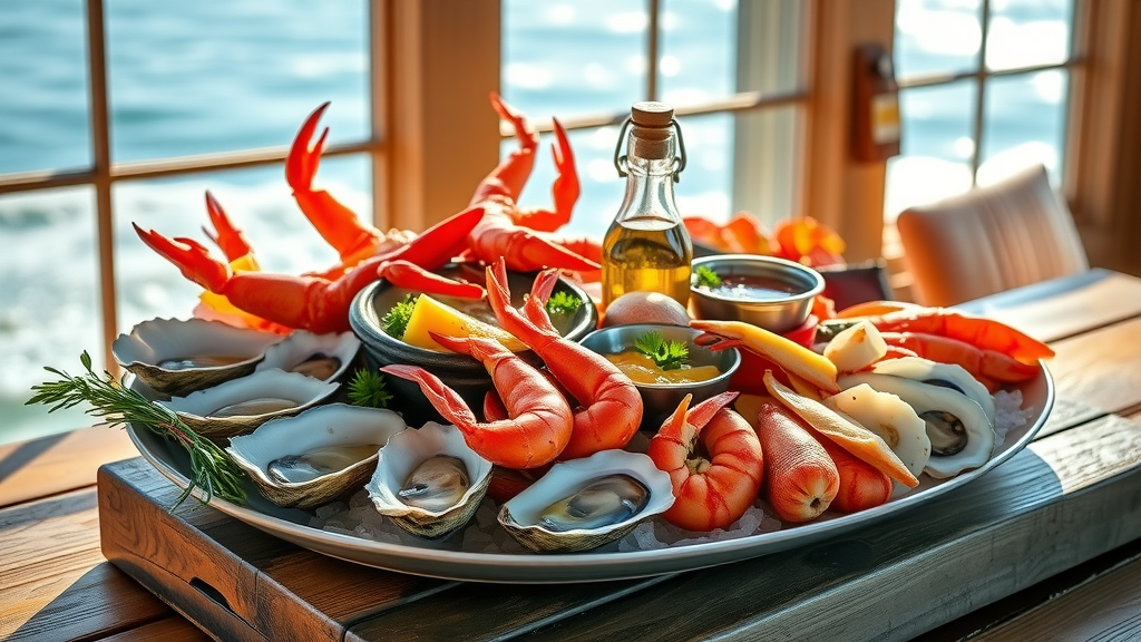 Vibrant Monterey seafood platter with a view of the ocean.