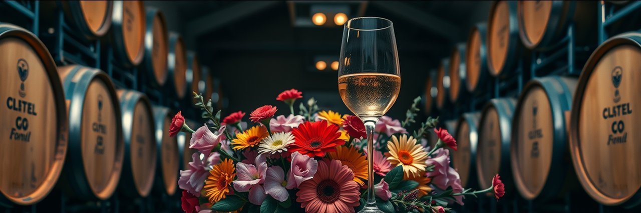 Corral Wine Club glassware with vibrant flowers in a winery setting.