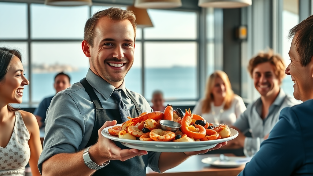 Happy waiter serving seafood platter at Monterey restaurant with ocean view.