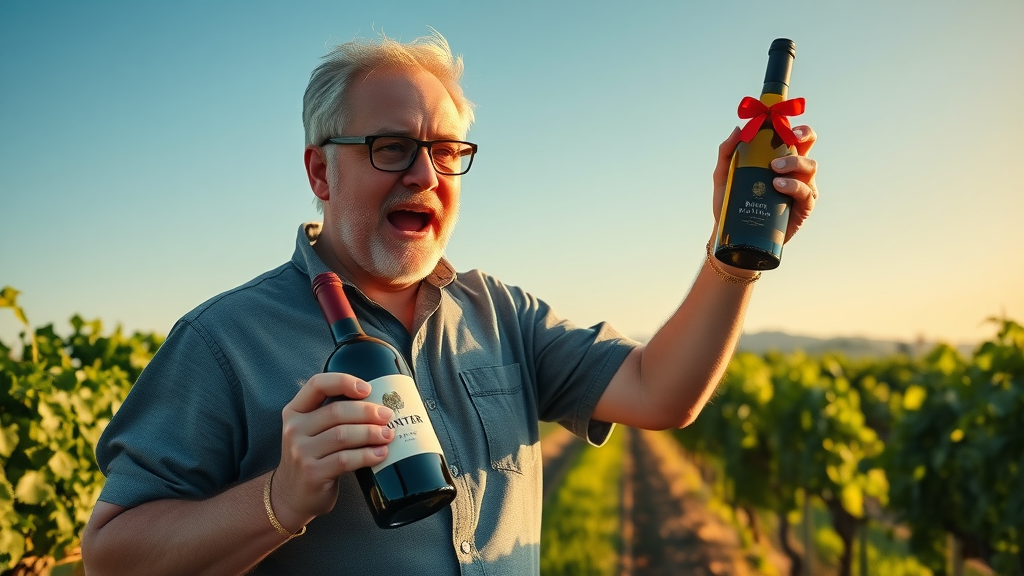 Mark Bunter presenting Bunter Spring wine at a vibrant vineyard.