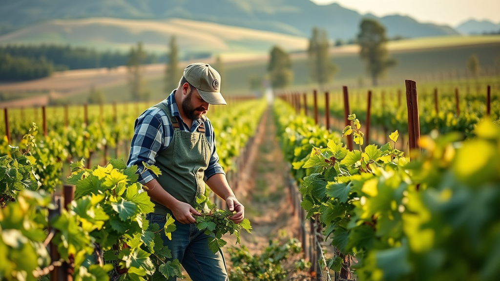 Caretaker tending vines at Holman Ranch in valley setting.