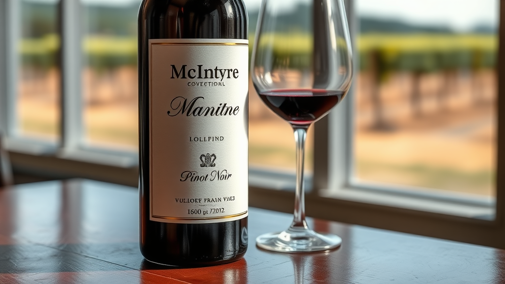 Close-up of McIntyre Pinot Noir bottle and glass on a table with vineyard view.