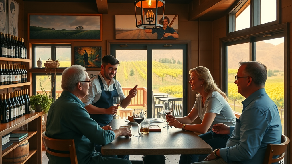 Friendly tasting room staff engaging with guests amid vineyards