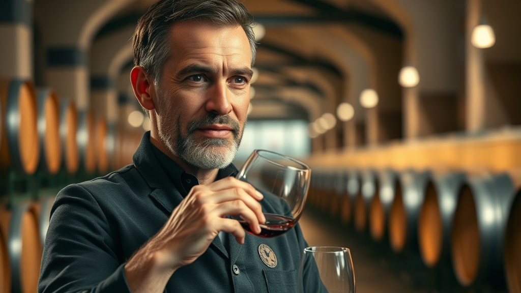 Sophisticated winemaker explaining wine complexities at winery.