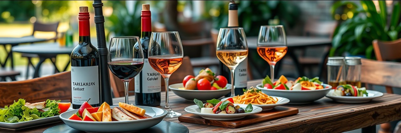 Premium Red White Wines on rustic table with appetizers outdoors.