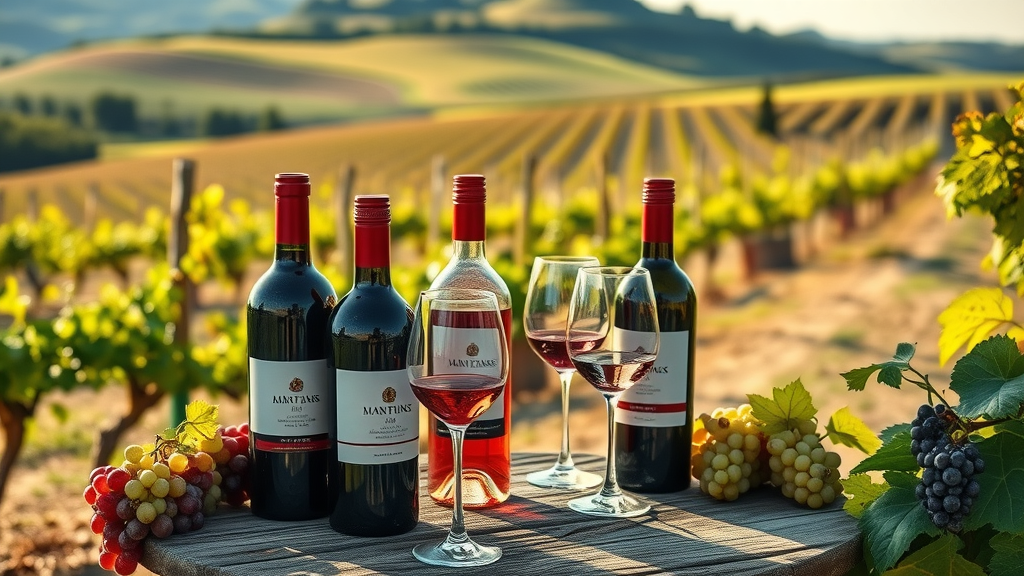 Premium Red White Wines showcased in a vineyard setting.