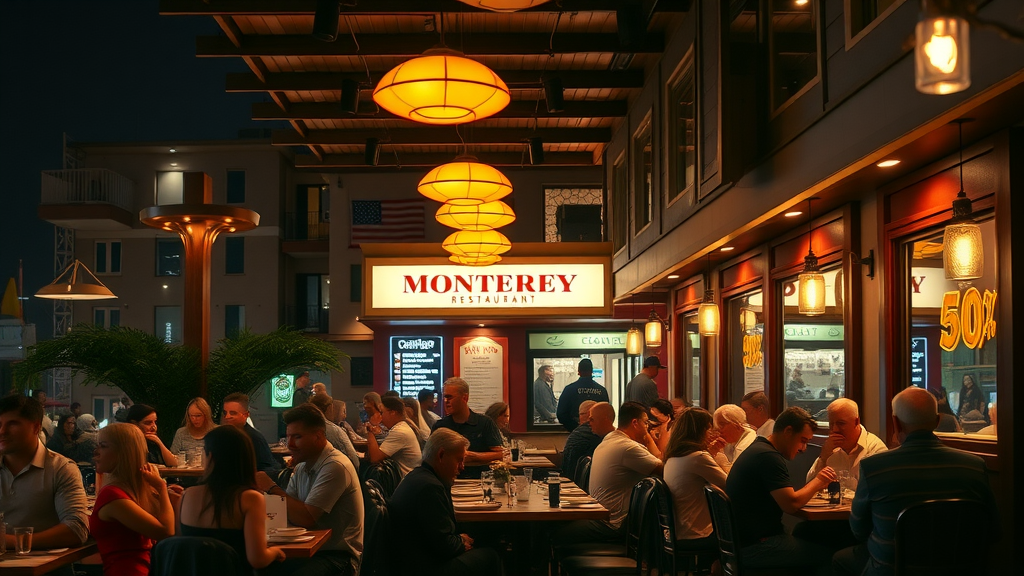 Vibrant Monterey restaurant scene with diners enjoying meals
