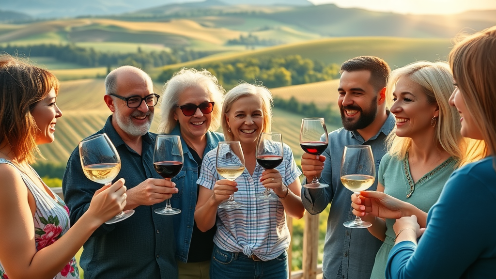 Diverse group enjoying Bunter Spring wine in a scenic outdoor setting.