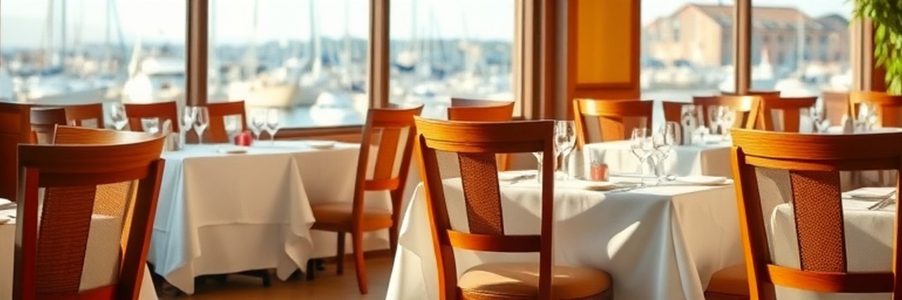Monterey restaurant dining setup with wooden chairs and marina view.