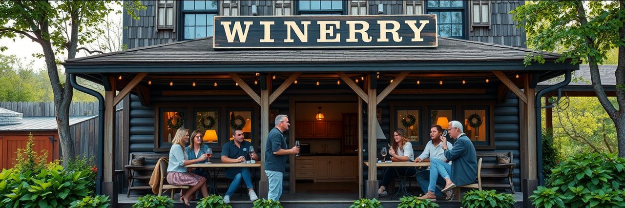 I. Brand Familey Wines storefront with people on porch.