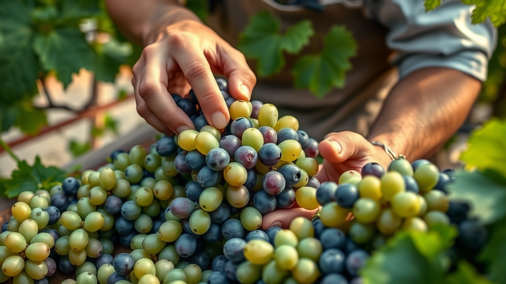 Winemaking process: Vintner sorting grapes in vineyard setting