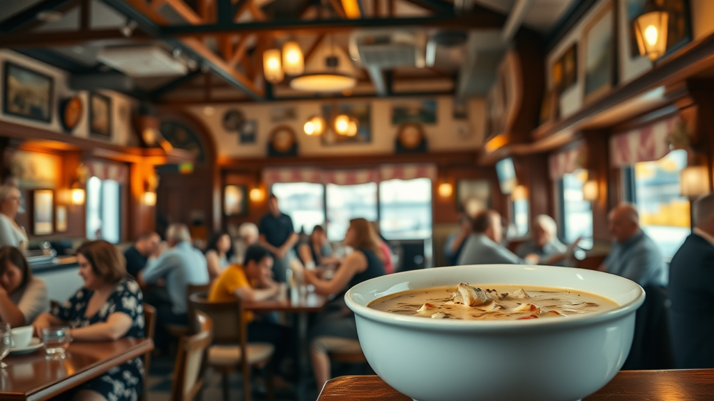 Cozy interior of Monterey restaurant with diners enjoying clam chowder.