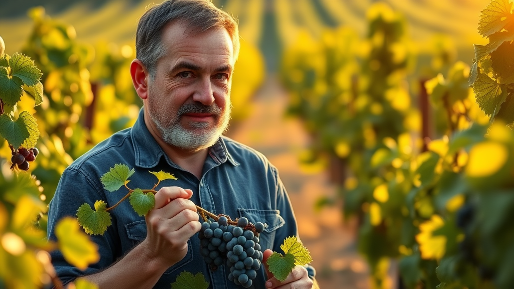 Proud vintner at McIntyre Vineyards inspecting grape clusters in sunlit vines.