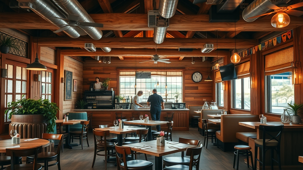 Interior of a chic Monterey restaurant with rustic, eclectic decor.