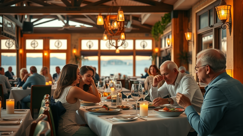 Elegant Monterey restaurant scene, diners enjoying seafood dishes