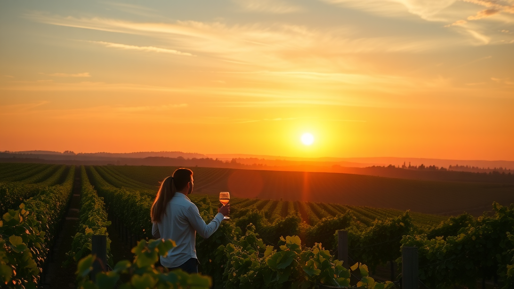 Couple enjoying wine at sunset in a vineyard.