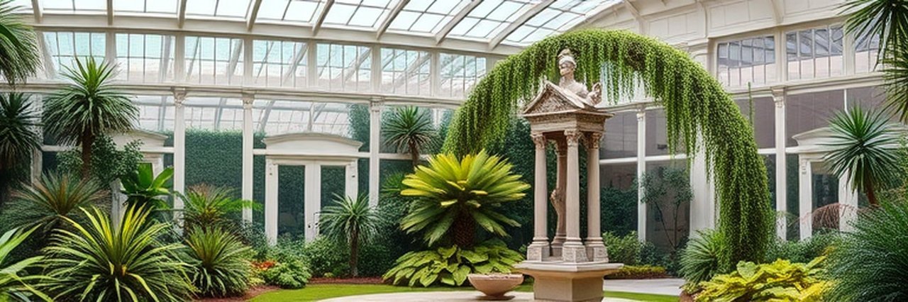 Monterey Restaurant elegant indoor garden with statue centerpiece.