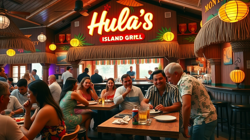 Guests enjoying vibrant atmosphere at Hula's Island Grill in Monterey.