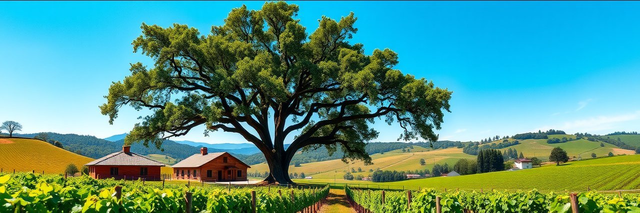 Lush vineyard with oak tree under blue sky, Experience Joullian.