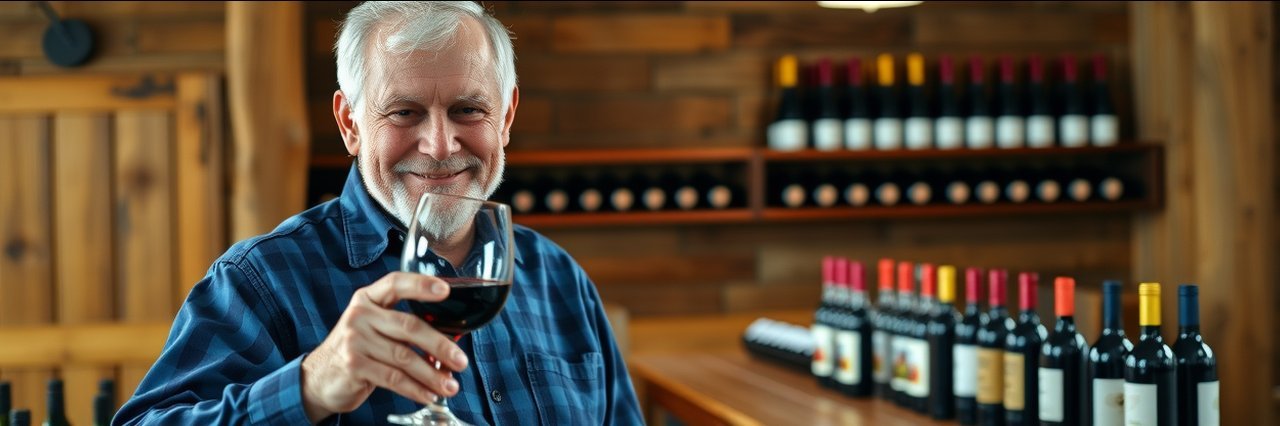 Older man enjoying Bunter Spring wine in a rustic setting.
